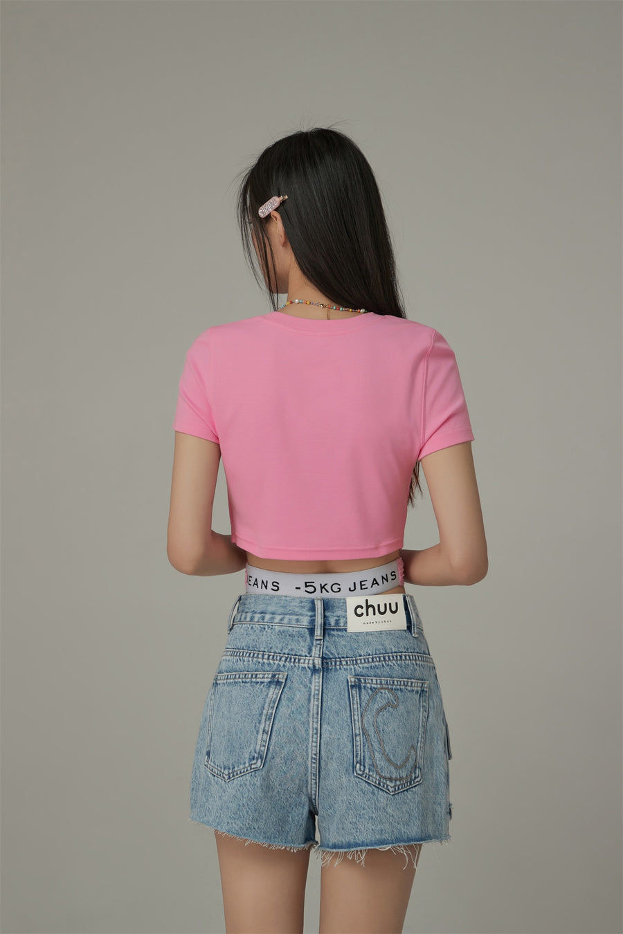 CHUU Embroidered Slim Back Cutout Cropped T-Shirt