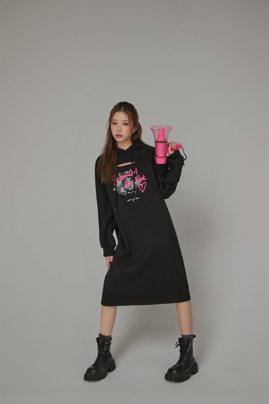 CHUU Front Slit Hooded Dress