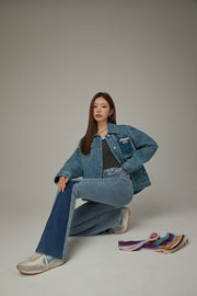 Criss Cross Belt Two Toned Bootcut Denim Pants