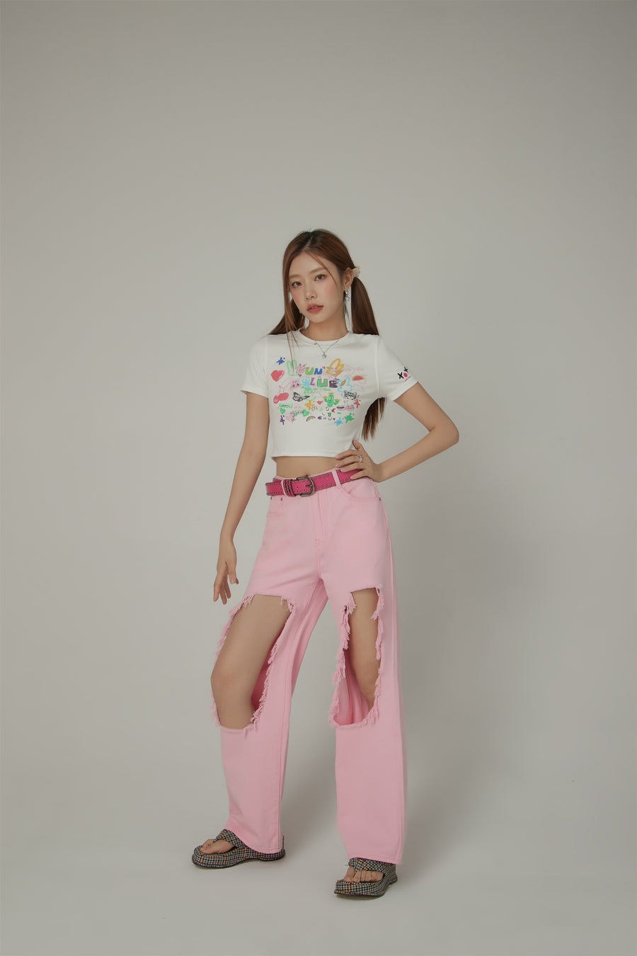 CHUU High Waist Distressed Ripped Open Wide-Leg Pants