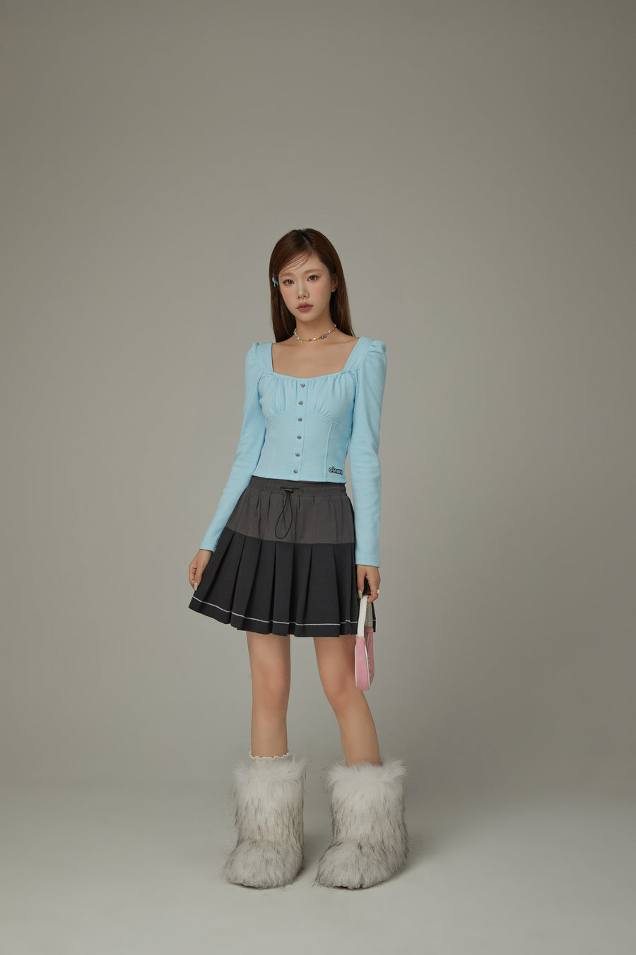 CHUU Heart Buttons Square Puff Sleeve Top