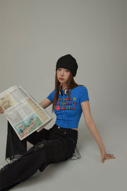 Size Doesnt Matter Colorful Embroidered Slim Crop T-Shirt