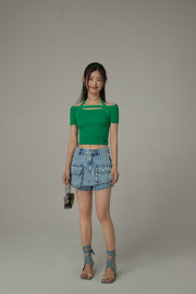 Halter Neck Banding Basic Short Sleeve Knit Crop Top