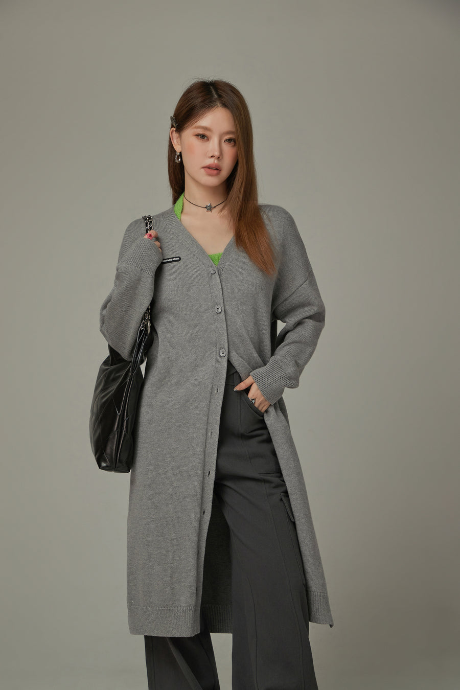 CHUU Slit Wrap Button Knit Long Cardigan