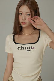 Square Neck Shirring Logo Printed T-Shirt