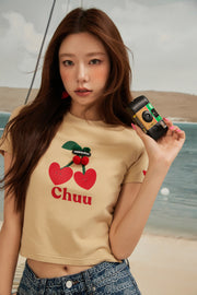 Logo Heart Cherry Printed Slit Short Sleeve T-Shirt