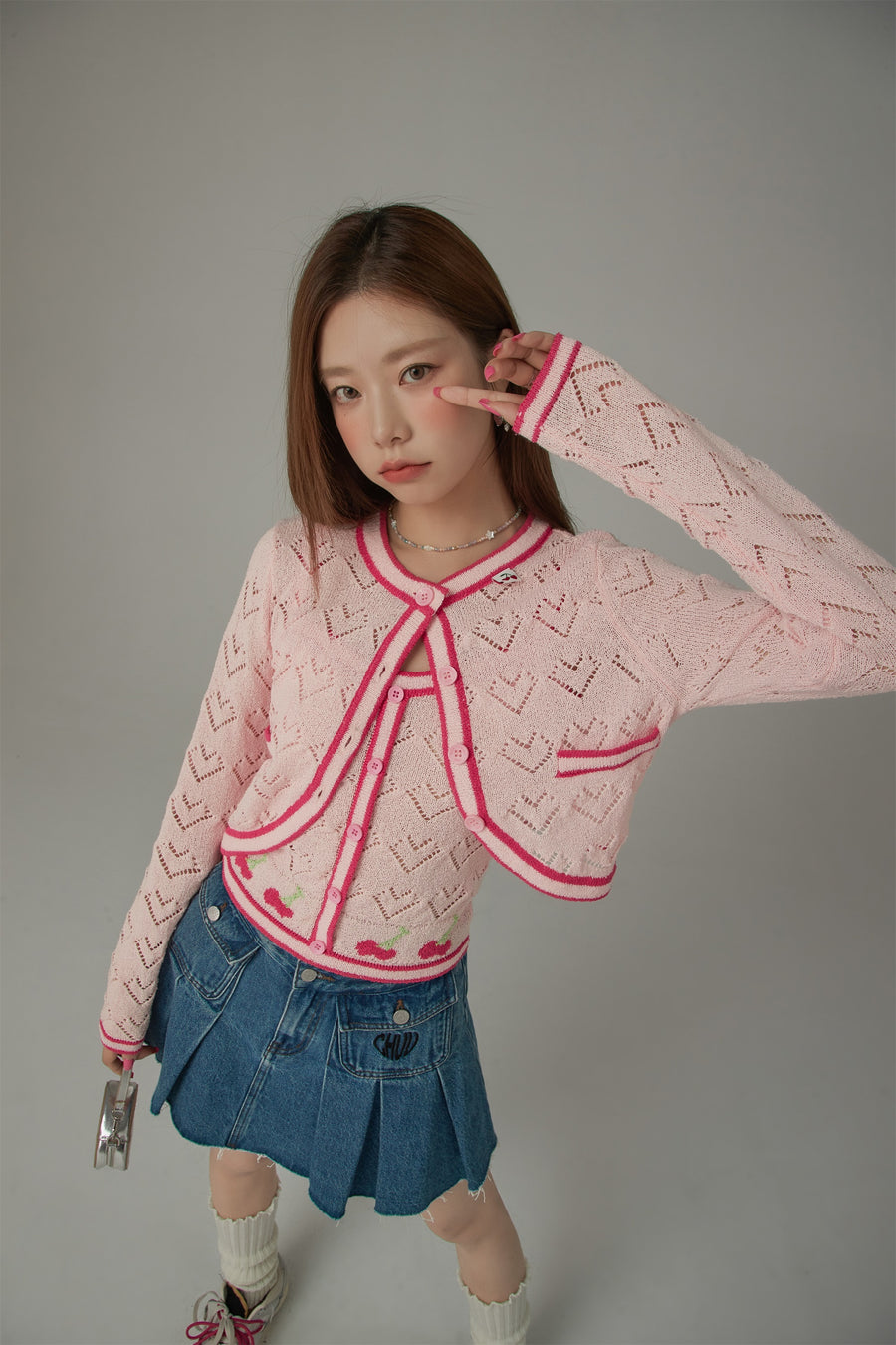 CHUU Dotted Hearts Long Sleeve Knit Cardigan