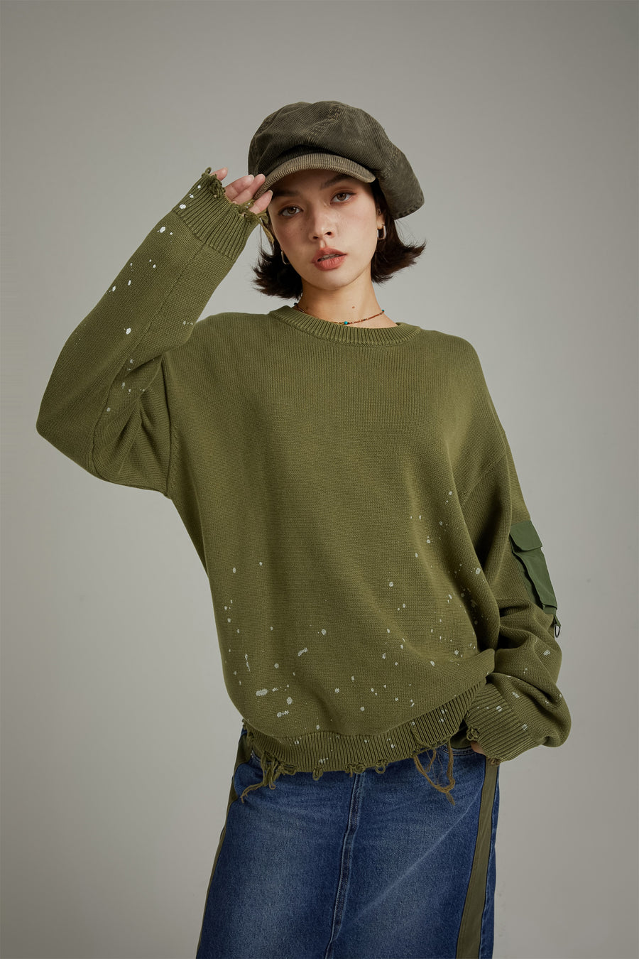 CHUU Pocket Paint Splatter Distressed Loose Fit Knit Sweater