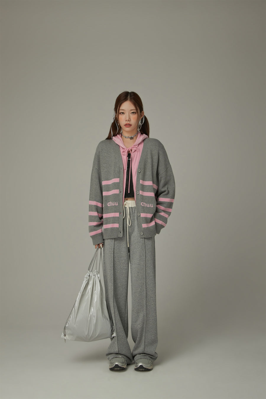 CHUU Lettering Striped Knit Cardigan