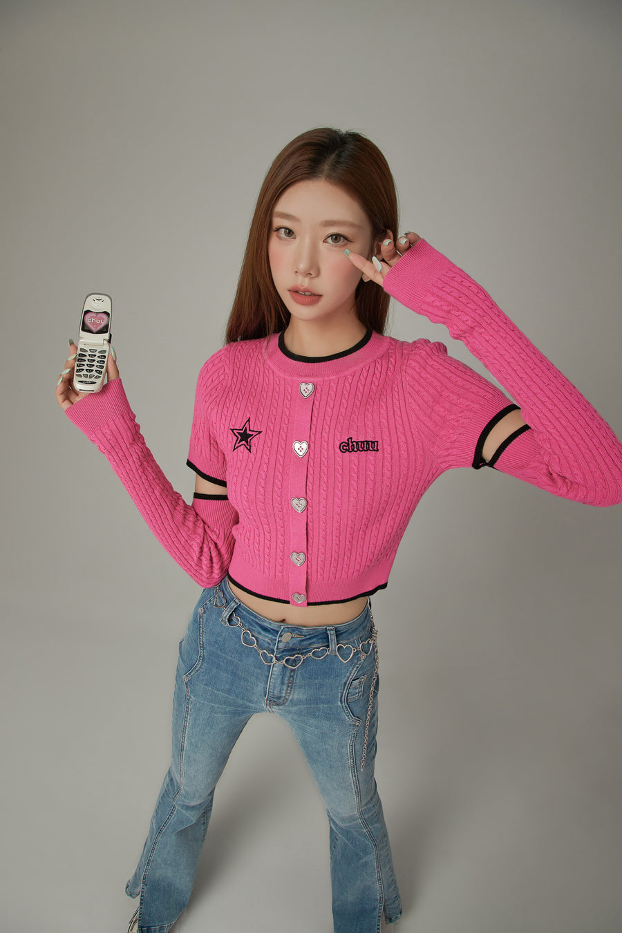 CHUU Heart Button Cutout Knit Top