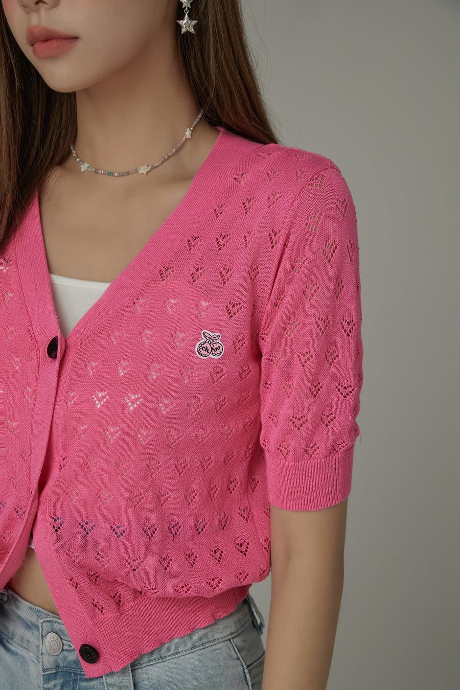 CHUU Heart Eyelet Short Sleeves Knit Cardigan