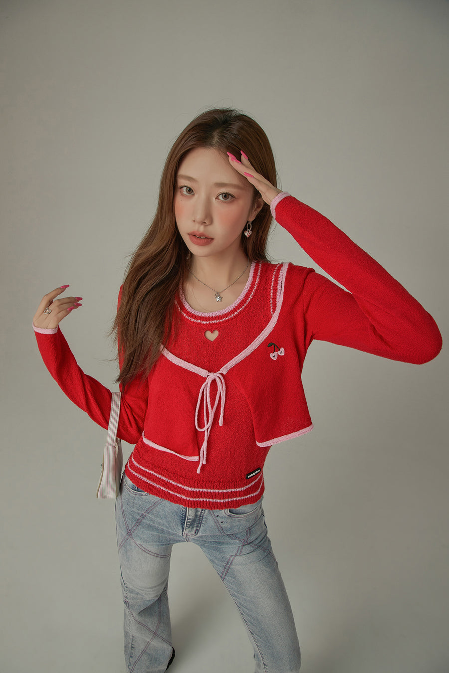 CHUU Little Cherry Embroidered Ribbon Tie Cardigan