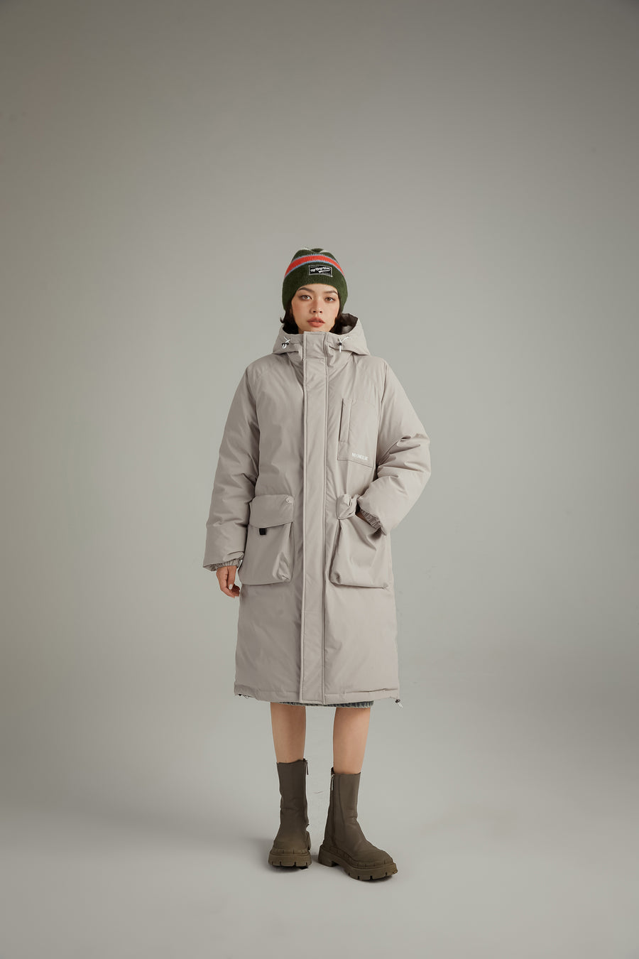 CHUU Hooded Logo Pocket Long Padded Coat