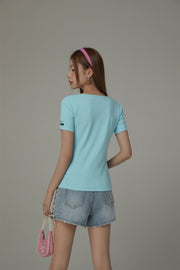 Shirring V-Neck Slit Short Sleeved T-Shirt