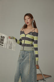 Color Combination Stripe Off The Shoulder Knit Sweater