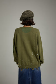 Pocket Paint Splatter Distressed Loose Fit Knit Sweater