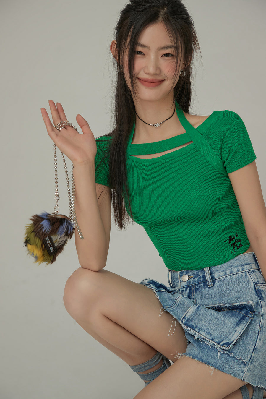 CHUU Halter Neck Banding Basic Short Sleeve Knit Crop Top