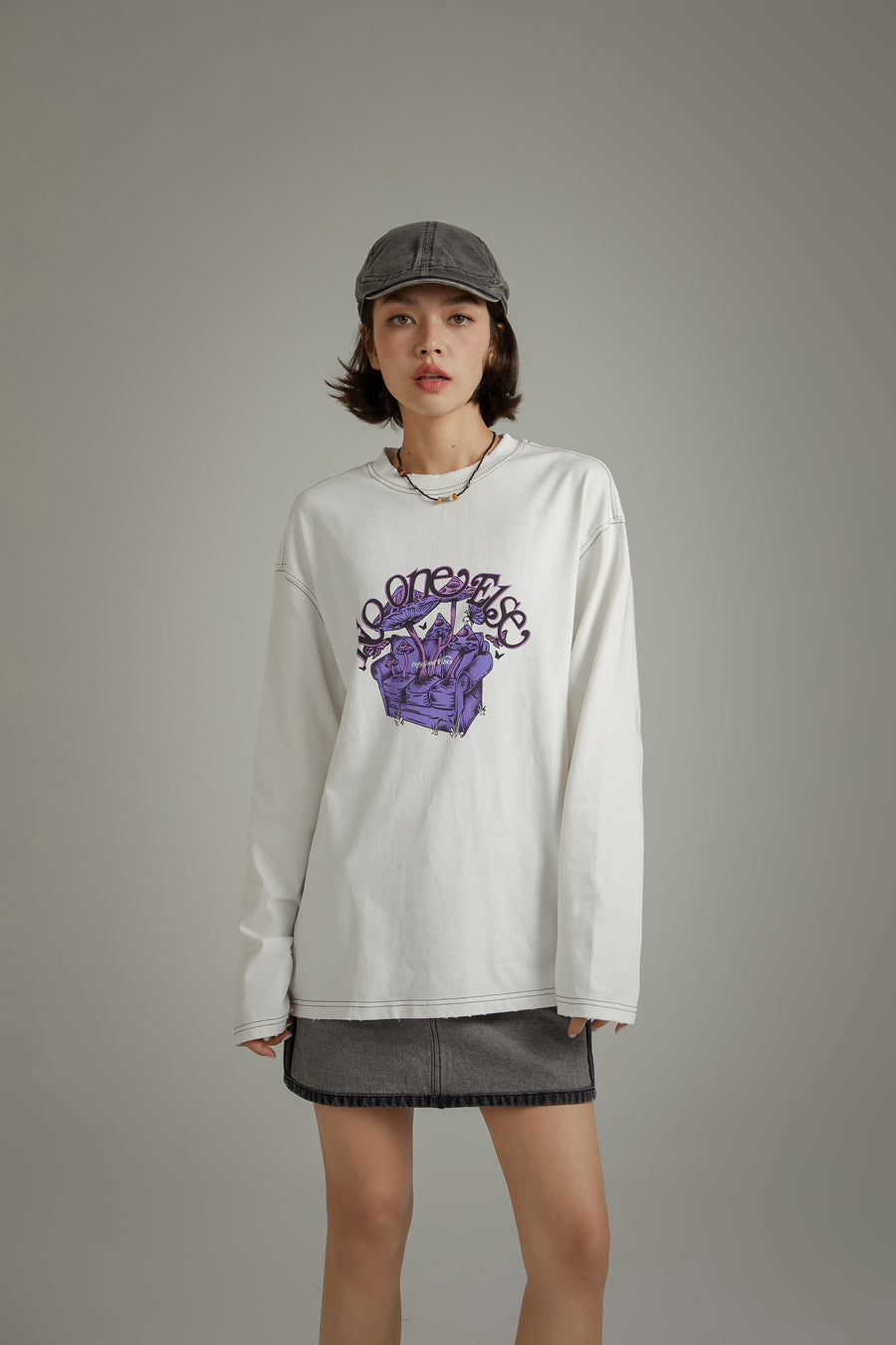 CHUU Printed Boxy Mushroom Long Sleeve T-Shirt