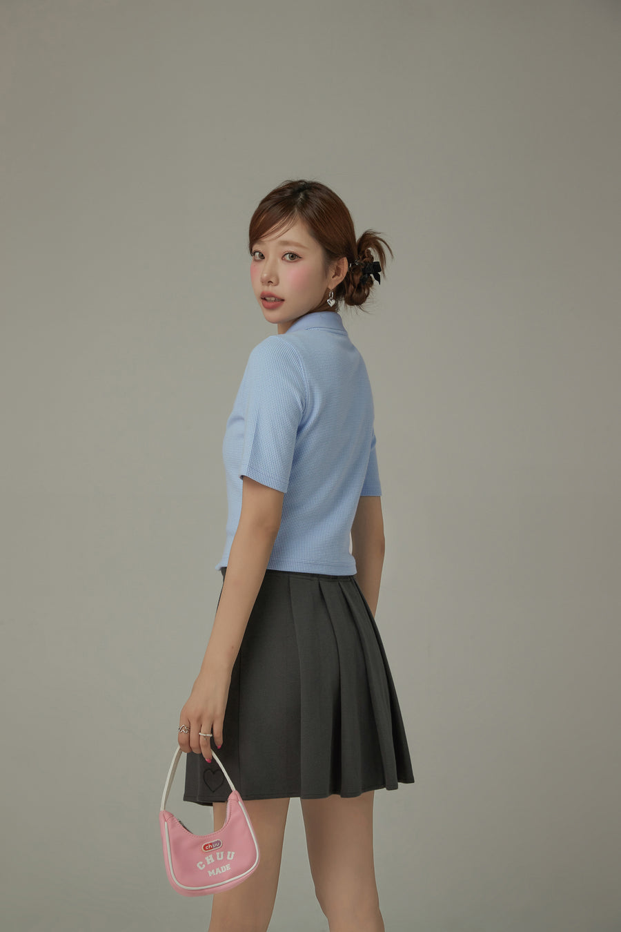 CHUU Logo Color Waffle Short Sleeve Zip-Up Top