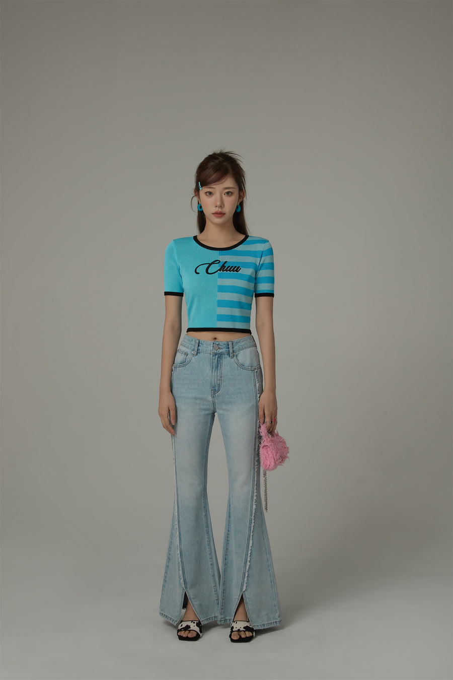 CHUU Chuu Lettering Half Striped Colorblocked Knit Crop Top