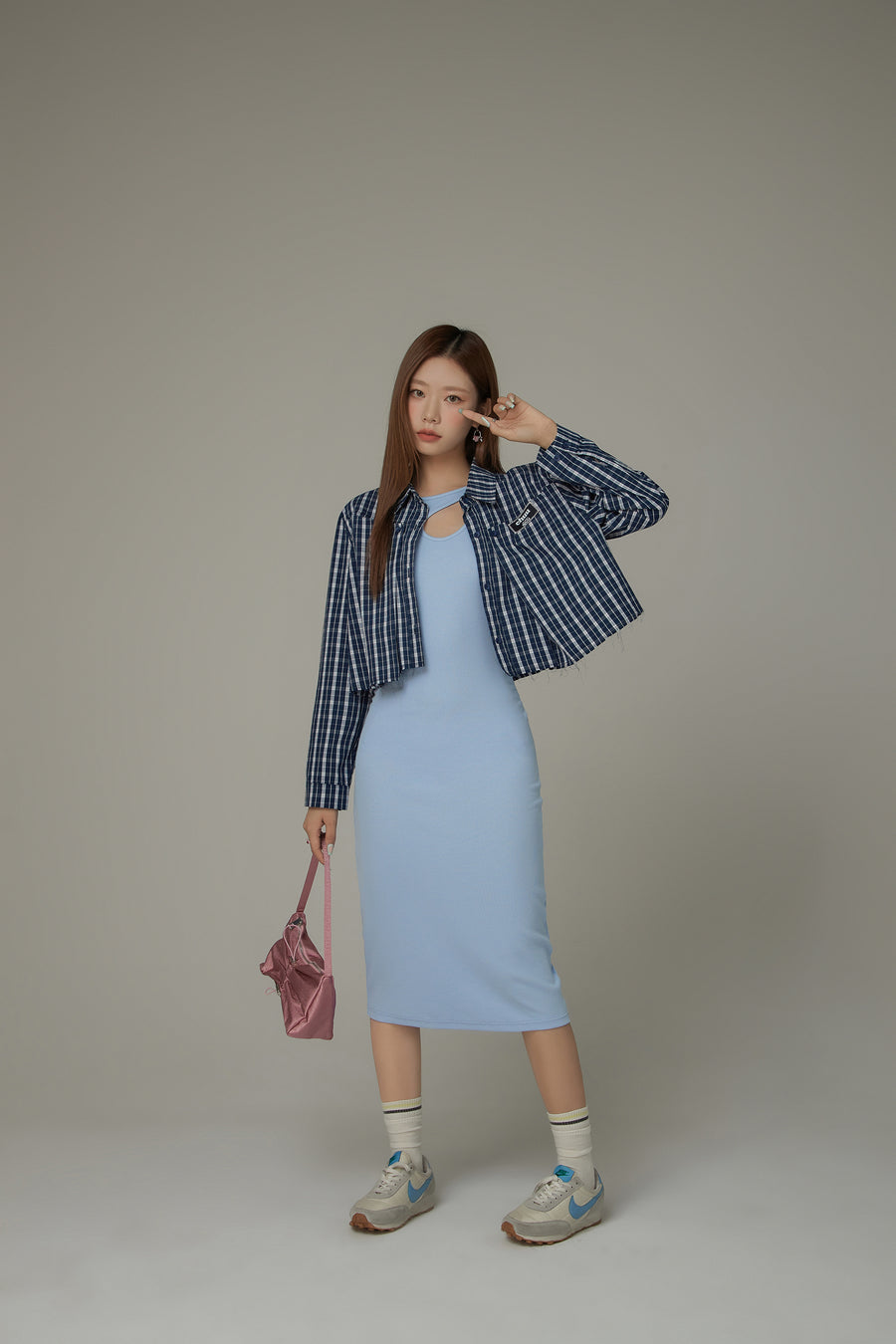 CHUU Front Cut Out Side Shirring Long Dress