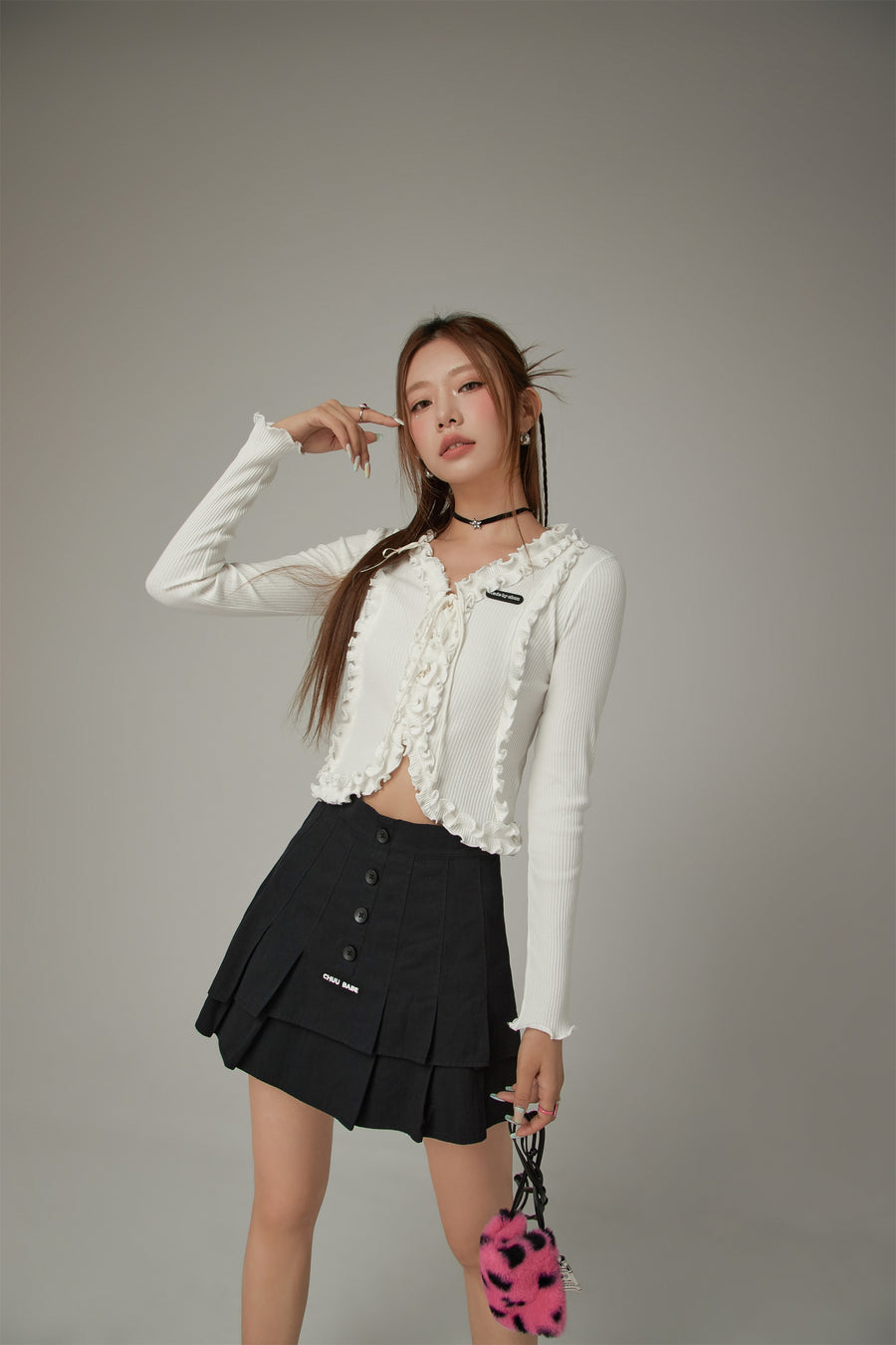 CHUU Ruffle Tie Up Long Sleeve Top