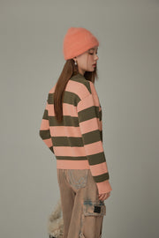 Polo Neck Striped Knit Top