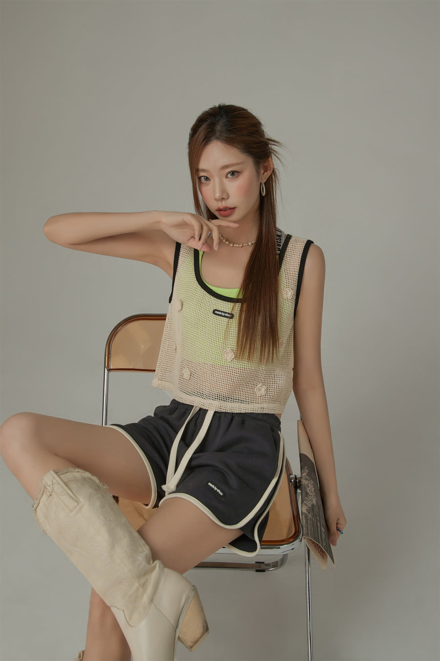 CHUU Crochet Mesh Colorblocked Crop Top