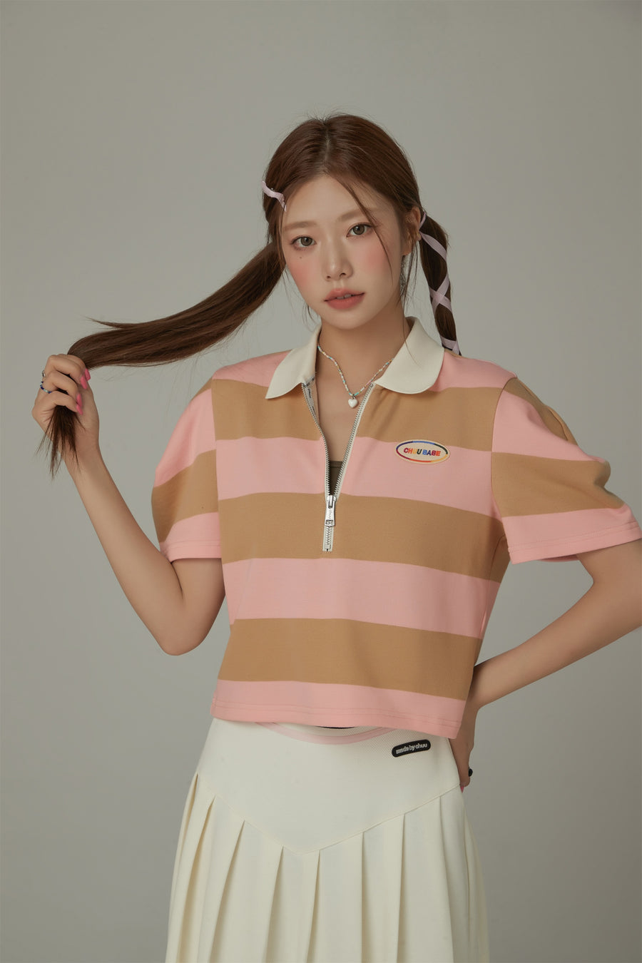 CHUU Half Zip-Up Color Stripe Collar Top