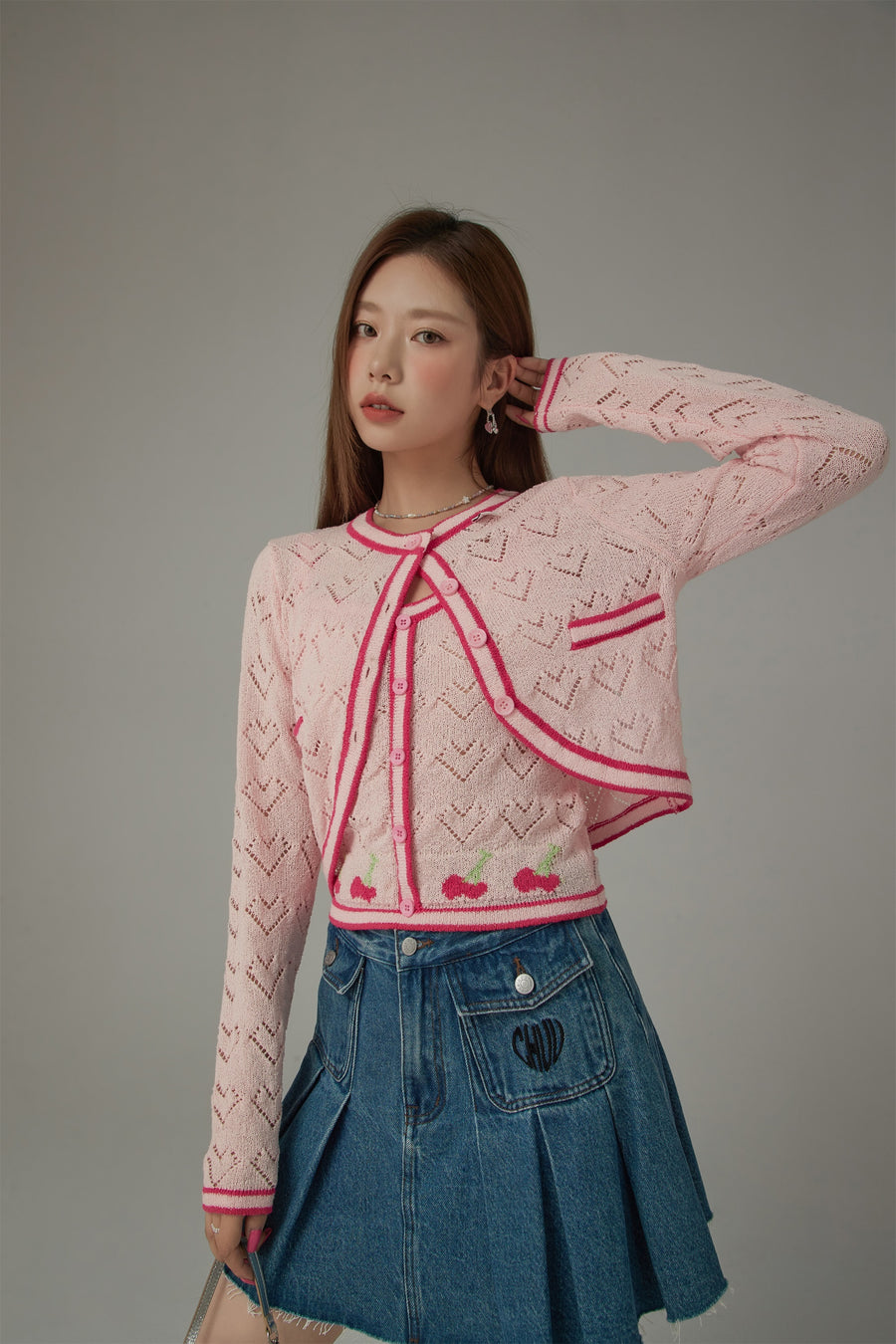 CHUU Dotted Hearts Long Sleeve Knit Cardigan