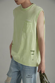 Front Pocket Loosefit Sleeveless Ripped Top