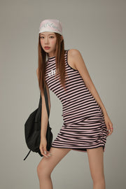 Striped Shirring Sleeveless Dress