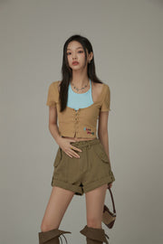 Halter Neck Eyelet Color Blocked T-Shirt