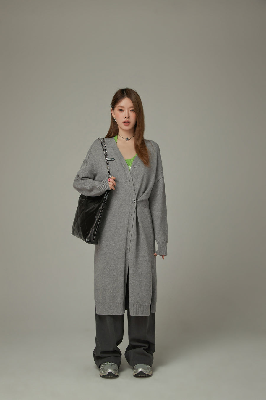 CHUU Slit Wrap Button Knit Long Cardigan