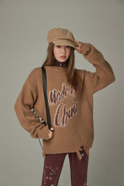 Logo Distressed Lettering Loose Fit Knit Sweater