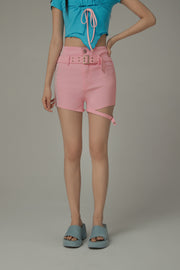 Slim Belted Leg Slit Denim Shorts