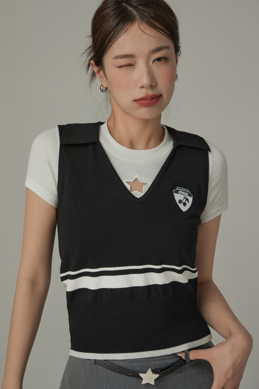 CHUU Knit Colorblock Open Collar Sleeveless Vest