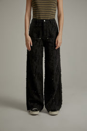 Frayed Ball Pattern Wide Denim Jeans