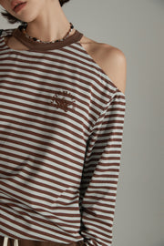 Color One Open Shoulder Stripe T-Shirt