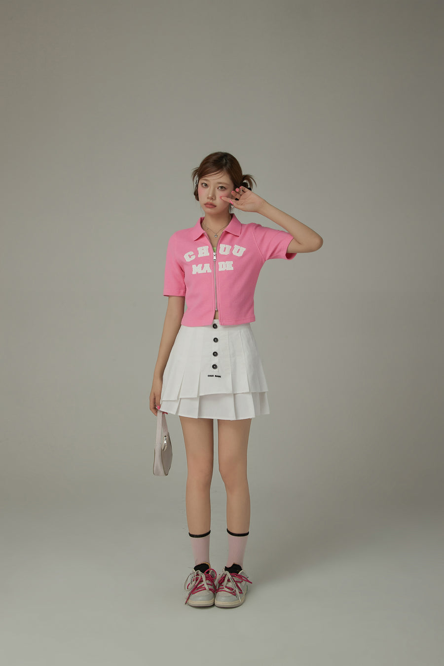 CHUU High Waisted Button Pleated Mini Skirt