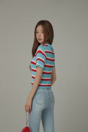 Stripe Ribbon Keyhole Knit Top