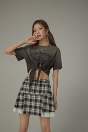 Gradient Short Sleeve Ribbon Tie Up Crop T-Shirt