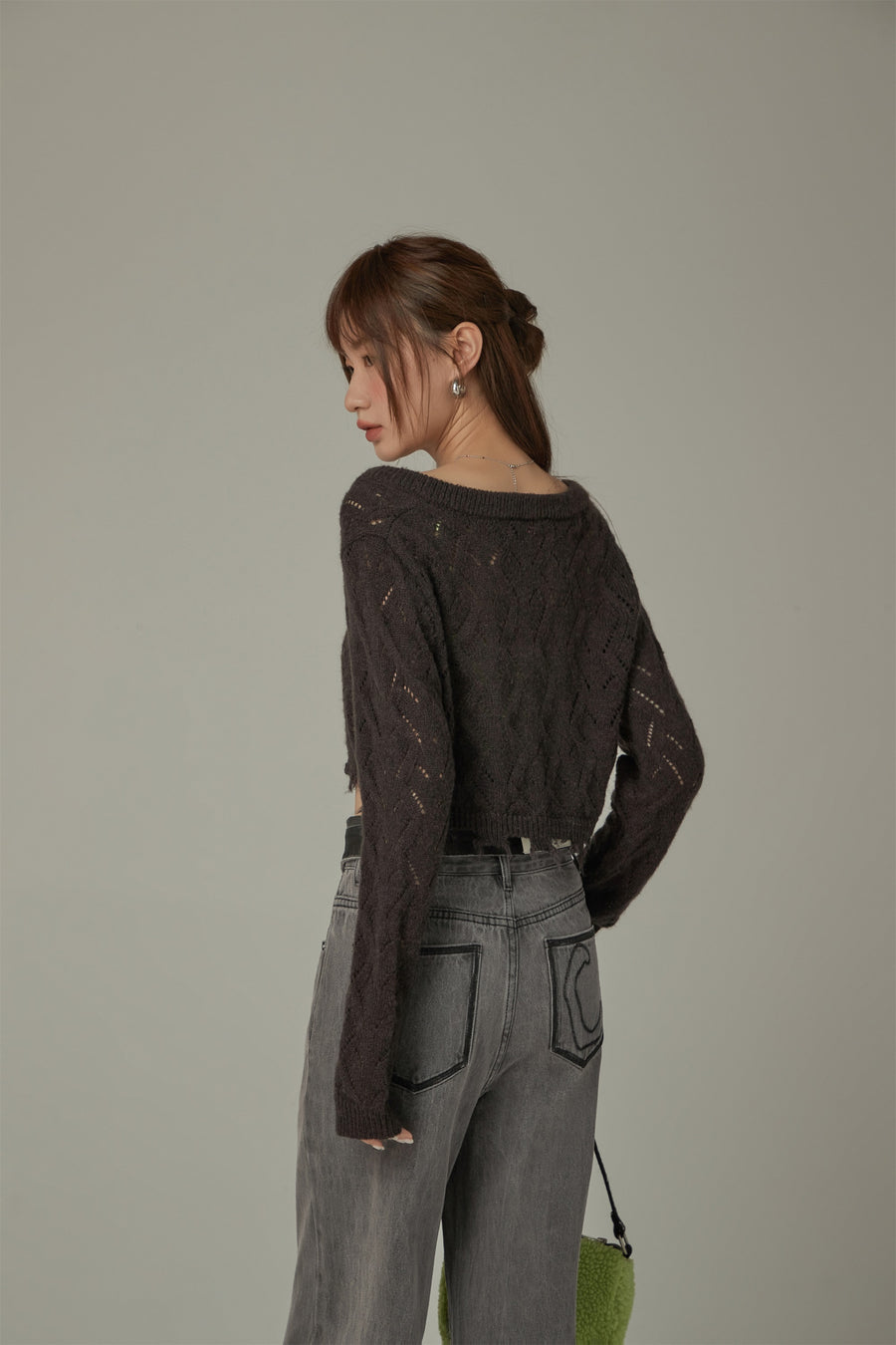 CHUU Maxi Crop Long Sleeve Eyelet Knit Sweater