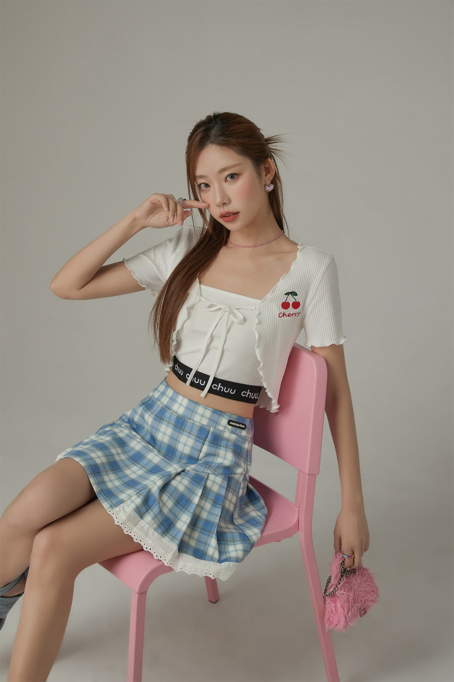 CHUU Checked Lace Hem Mini Skirt