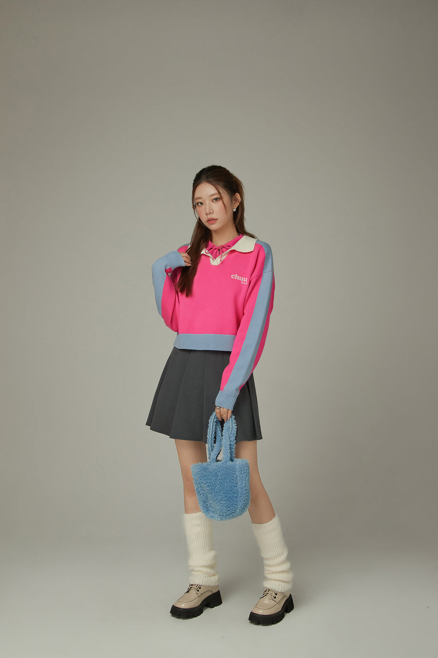 CHUU Open Collar Color Knit Sweater