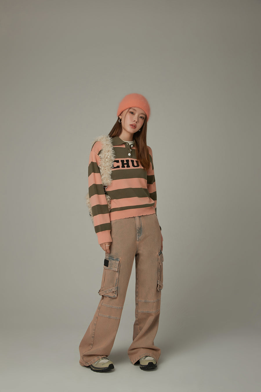 CHUU Polo Neck Striped Knit Top