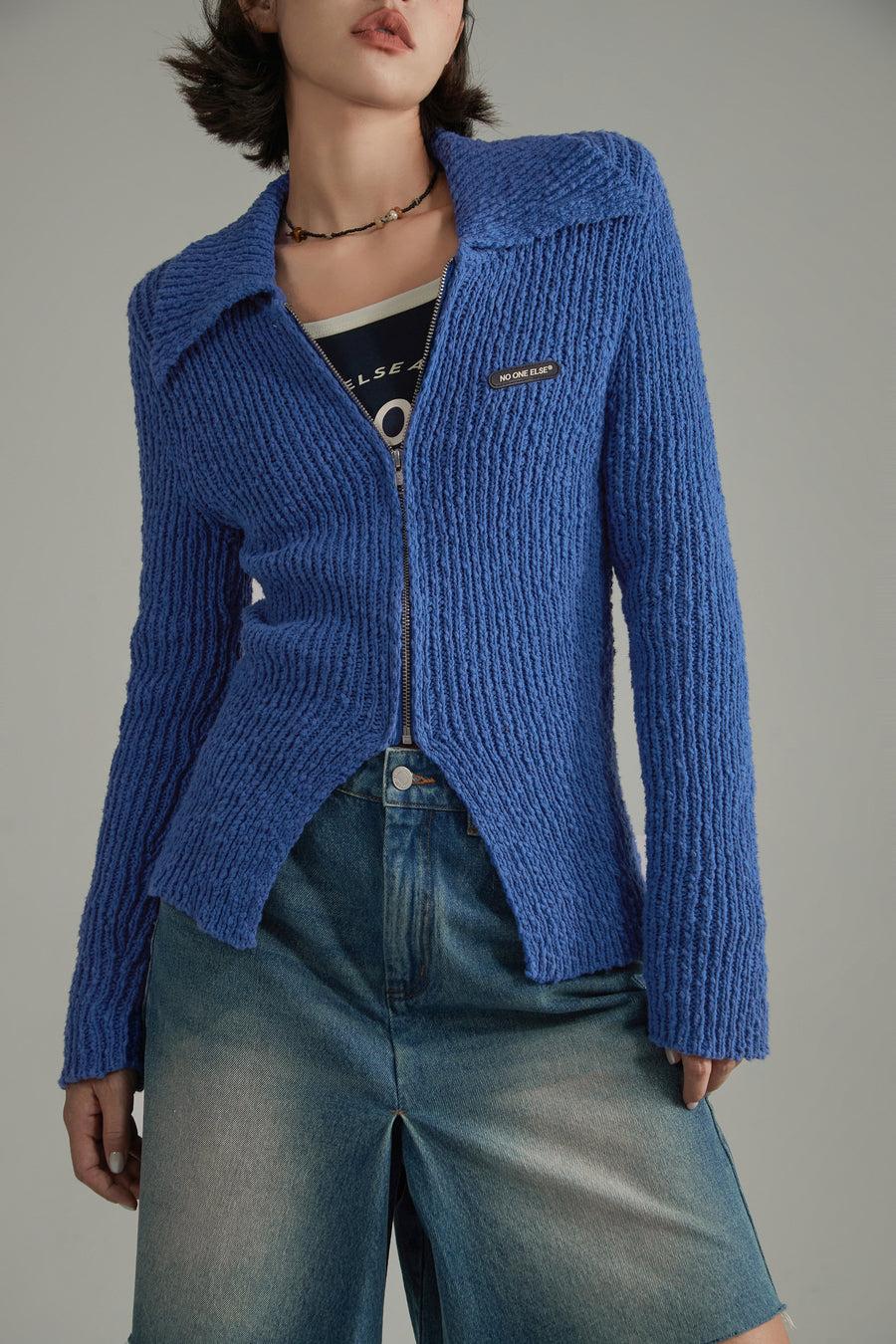 CHUU Simple Ribbed Zip-Up Cardigan