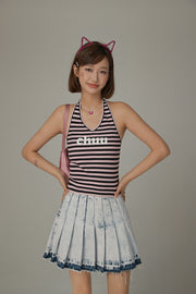 Logo Halter Neck Color Stripe Sleeveless Top