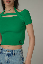 Halter Neck Banding Basic Short Sleeve Knit Crop Top