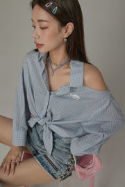 One-Shoulder Cut Out Check Tie-Up Shirt